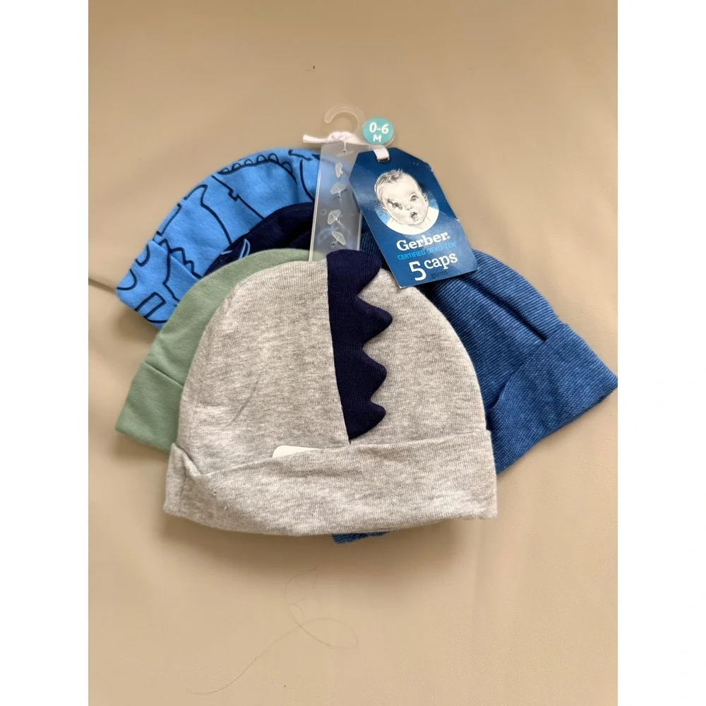 Gerber Baby Boy‎ 5 Pack Dinosaur Caps Beanies Blue Grey Green 0-6M New